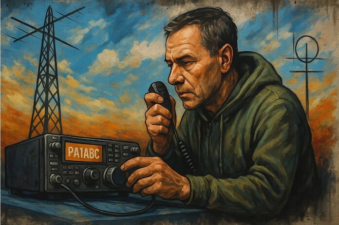 Realistische streetart van een radiozendamateur aan zijn zendinstallatie met antenne op achtergrond bij zonsondergang.
