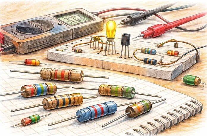 Illustratie van verschillende weerstanden met kleurcodes, toegepast in een elektronische schakeling met meetpunten voor spanning en stroom.