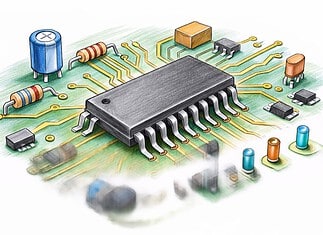 Geïntegreerde schakelingen (IC): van silicium tot chip Close-up van een geïntegreerde schakeling (IC) met zichtbare transistorlagen en koperverbindingen op siliciumsubstraat.
