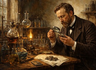 Ontdekking van germanium en de rol in elektronica Chemicus Clemens Winkler analyseert argyrodiet in zijn laboratorium en ontdekt het element germanium dat Mendelejevs voorspelling bevestigt