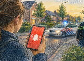 Burgernet en digitale buurtveiligheid Burgernetmelding op smartphone tijdens politiezoekactie naar vermist persoon in Nederlandse woonwijk bij avondlicht