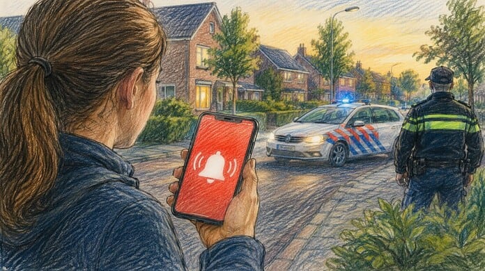 Burgernetmelding op smartphone tijdens politiezoekactie naar vermist persoon in Nederlandse woonwijk bij avondlicht
