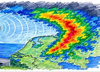 Neerslagradar en Weerradar in Nederland Weerradar met neerslaggebieden boven Nederland in verschillende kleuren die regenintensiteit en buienbeweging tonen