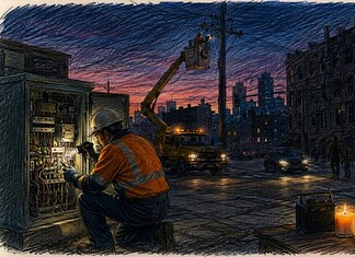Stroomstoring en de kwetsbaarheid van het net Monteur werkt aan elektriciteitskast tijdens stroomstoring in stedelijk gebied met uitgevallen verlichting en noodvoorzieningen