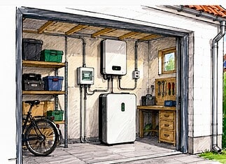 Thuisbatterij tussen opslag en netbelasting in woningen Thuisbatterij naast omvormer in Nederlandse woning met zonnepanelen en energiemeting tijdens opslag van zonnestroom