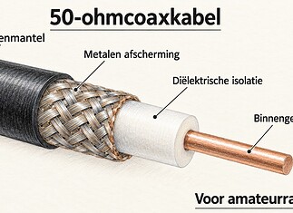 Waarom amateurradio 50 ohm gebruikt voor coaxkabel Doorsnede van een 50-ohmcoaxkabel met binnengeleider, isolatie en afscherming voor gebruik bij amateurradio.