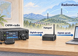 C4FM en System Fusion bij digitale amateurradio Zendamateur gebruikt C4FM System Fusion met een radio, computer en hotspot voor digitale spraak via een radionetwerk.