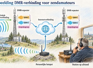 DMR voor zendamateurs: digitaal communiceren DMR-portofoon naast een repeater en hotspot, met twee tijdsloten en digitale gespreksgroepen voor zendamateurs.