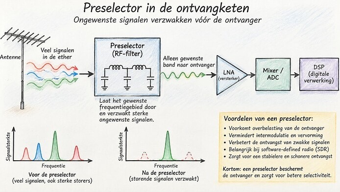 Schema van een preselector die ongewenste radiosignalen vóór een ontvanger verzwakt en het gewenste frequentiegebied doorlaat.