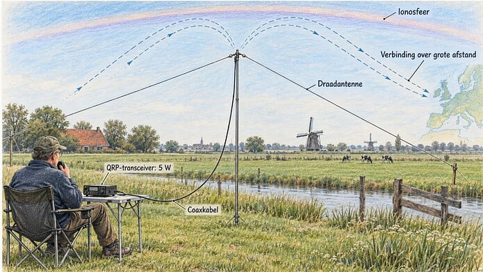QRP-radio met draadantenne voor verbindingen met laag zendvermogen vanuit Nederland Titel: Afbeelding QRP-radioverbinding met laag zendvermogen