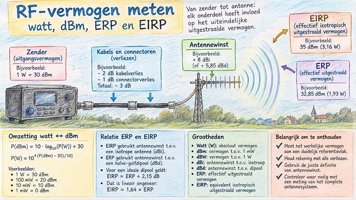 Schema van RF-vermogen met omzetting tussen watt en dBm en de relatie tussen ERP, EIRP, kabelverlies en antennewinst.