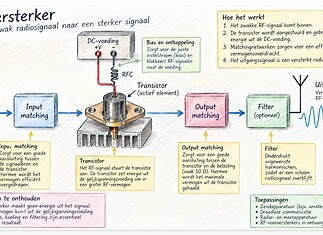 RF-versterkers: werking en ontwerp RF-versterker met transistor, matchingnetwerk en voeding voor omzetting van gelijkstroom in een versterkt radiosignaal