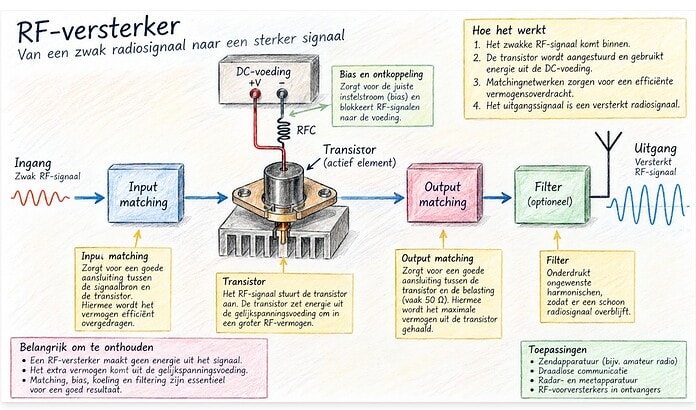 RF-versterker met transistor, matchingnetwerk en voeding voor omzetting van gelijkstroom in een versterkt radiosignaal