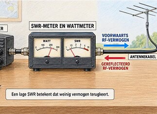 SWR-meter en wattmeter correct gebruiken SWR-meter met wijzers voor voorwaarts en gereflecteerd RF-vermogen tussen radiozender en antennekabel