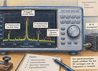 Spectrumanalyzer voor amateurradio Spectrumanalyzer met RF-spectrum van een amateurradiosignaal, met zichtbare draaggolf, harmonischen en ongewenste frequentieproducten.