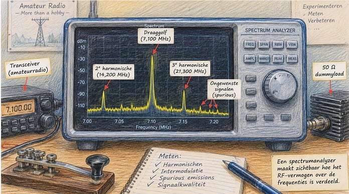 Spectrumanalyzer met RF-spectrum van een amateurradiosignaal, met zichtbare draaggolf, harmonischen en ongewenste frequentieproducten.