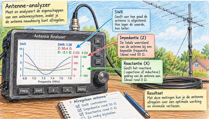 Antenne-analyzer toont SWR, impedantie en reactantie tijdens het meten en afregelen van een antennesysteem