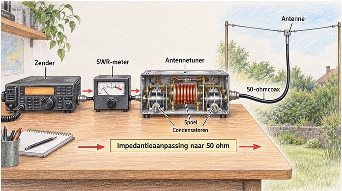 Antennetuner tussen zender en antenne met spoelen, condensatoren, SWR-meter en een coaxkabel van 50 ohm.