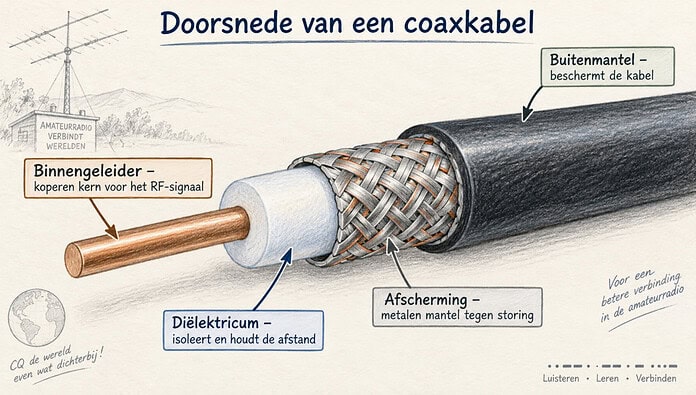 Doorsnede van een coaxkabel met binnengeleider, diëlektricum, afscherming en buitenmantel voor amateurradio