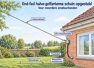 End-fed antenne: werking en beperkingen End-fed antenne als sloper met transformator, coaxkabel en retourdraad voor verbindingen op meerdere amateurbanden