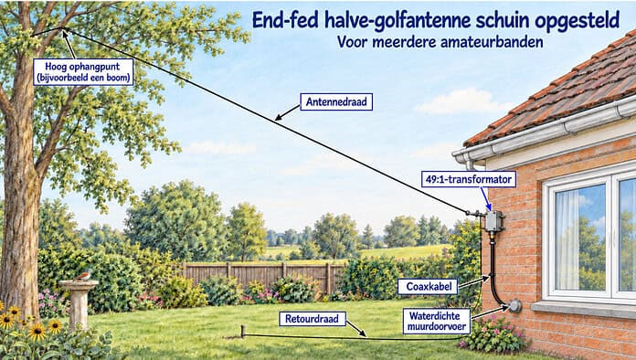 End-fed antenne als sloper met transformator, coaxkabel en retourdraad voor verbindingen op meerdere amateurbanden
