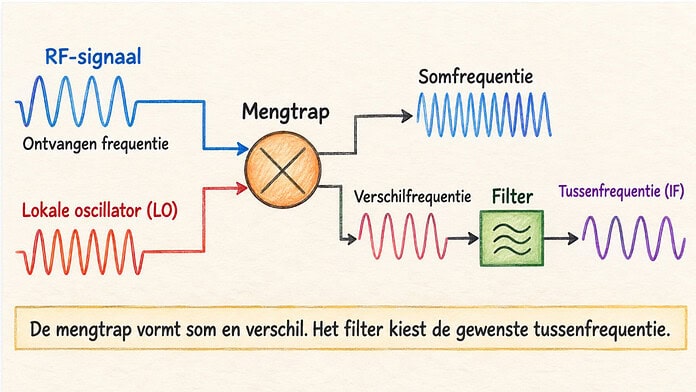 Schema van een radiomengtrap waarin het RF-signaal en de lokale oscillator worden omgezet naar een tussenfrequentie.