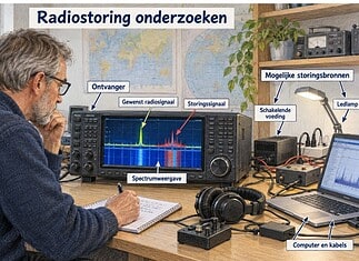 Oorzaken van radiostoring Radioamateur onderzoekt radiostoring op een ontvanger met spectrumweergave, antenne en elektronische apparatuur.
