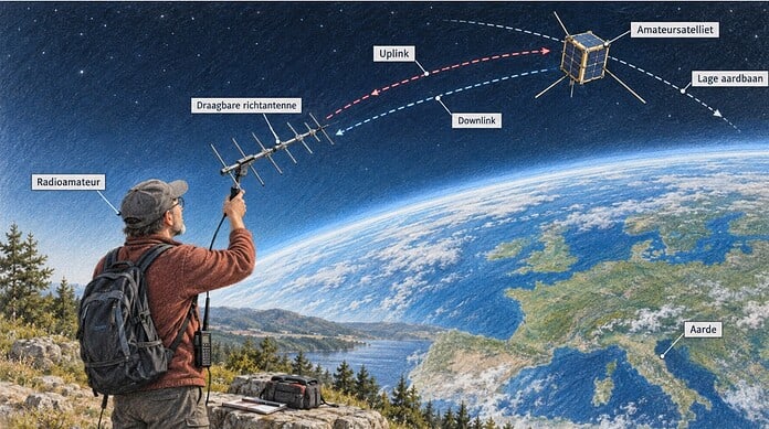 Afbeelding radioverbinding met een amateursatelliet Radioamateur richt een draagbare antenne op een amateursatelliet die boven de aarde door de ruimte vliegt.