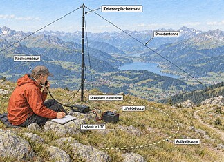 SOTA-activaties: techniek en veiligheid Radioamateur bedient een draagbaar SOTA-station met draadantenne en mast op een bergtop.